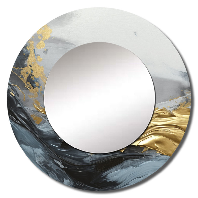 Abstrait contemplatif gris et doré Pellek - miroir en marbre, miroir mural rond gris unique, impression d'art en métal