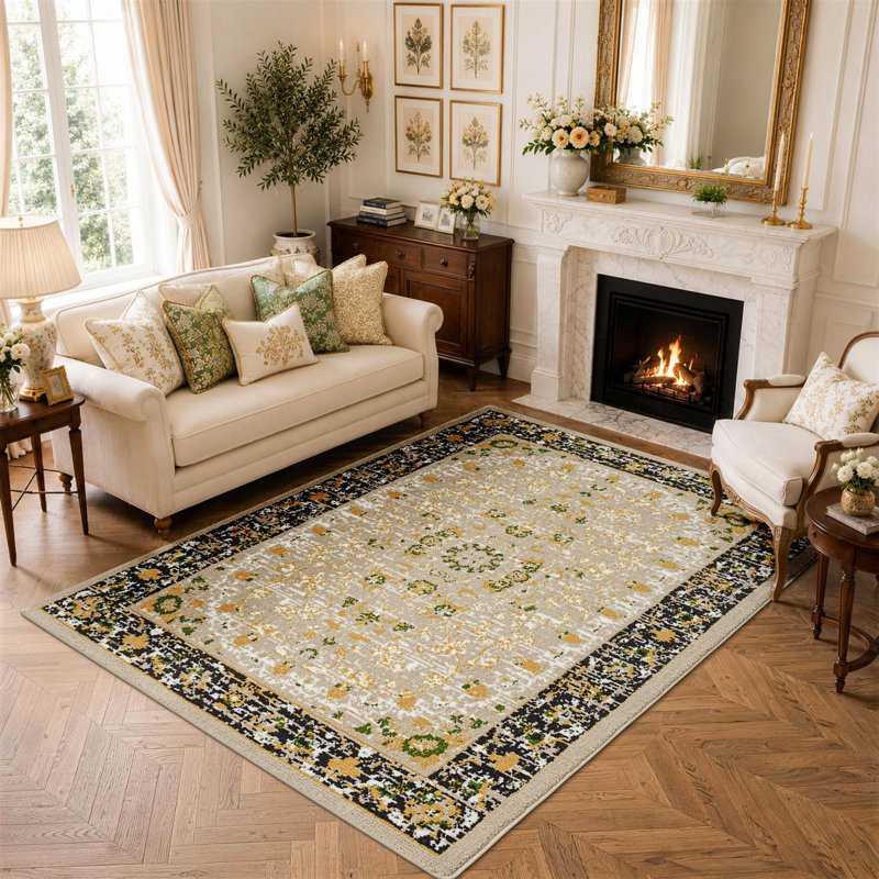 Oriental Floral Area Rug with Gold & Green Design - Traditional Pattern Carpet for Living Room & Bedroom, Rectangle 4'x 6'