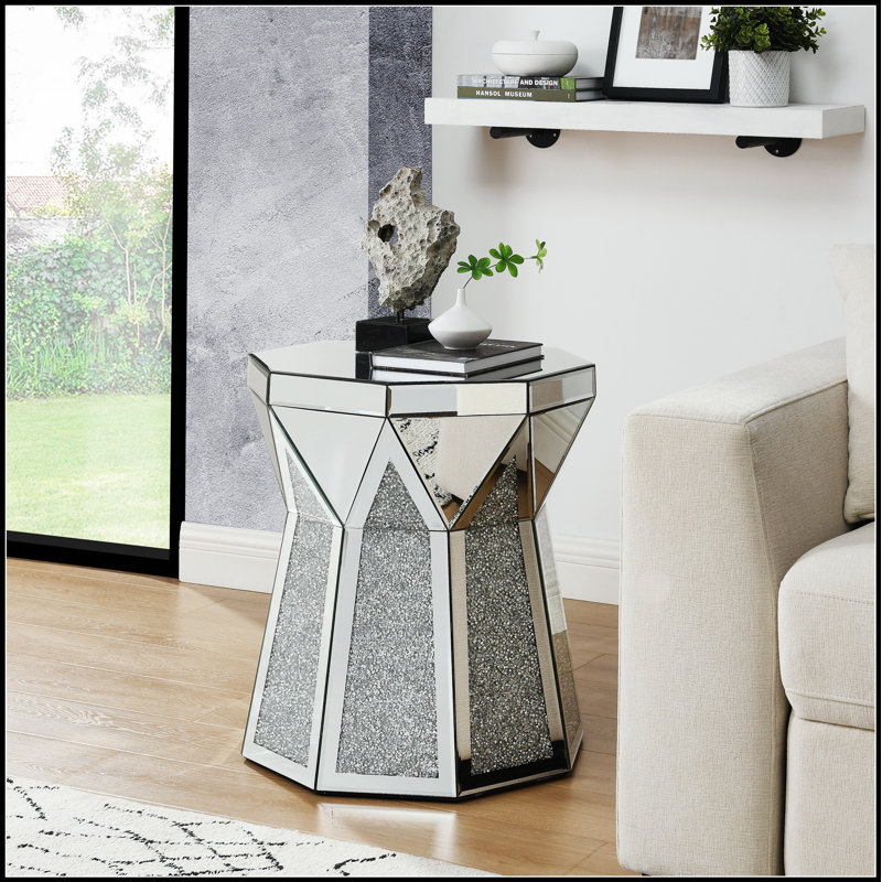 Table basse de style tambour avec incrustation de cristal miroir, table décorative argent polygonale pour les salons modernes, mobilier de luxe à profil bas de 20 pouces