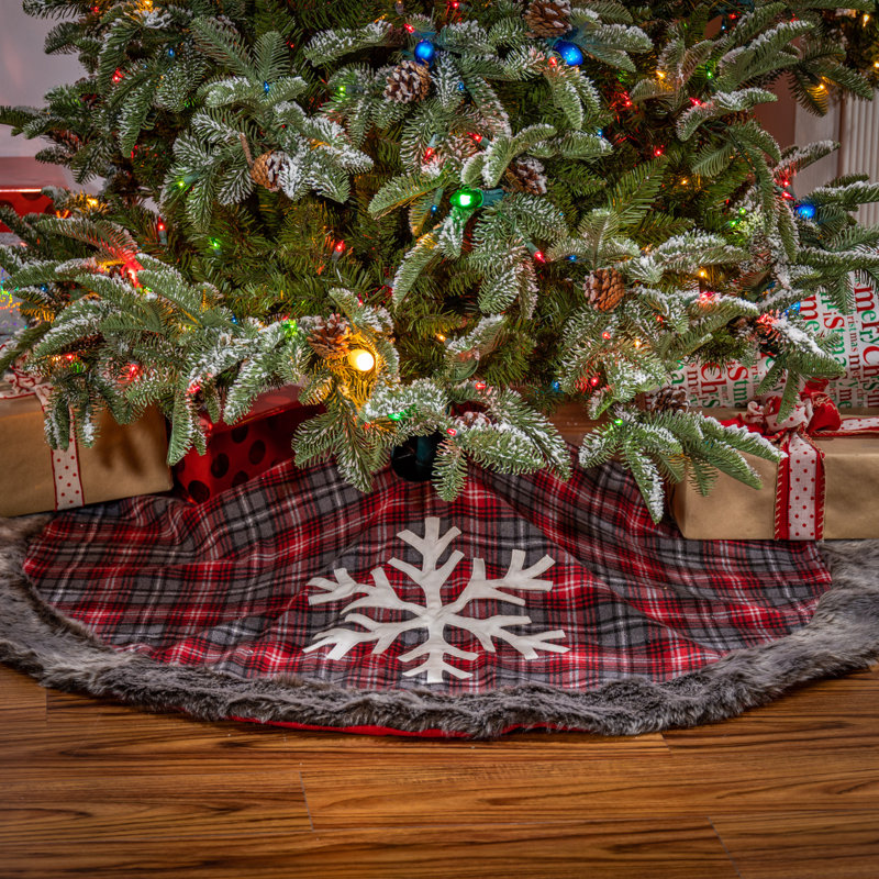 Red Buffalo Plaid Tree Skirt with Snowflake and Faux Fur Trim