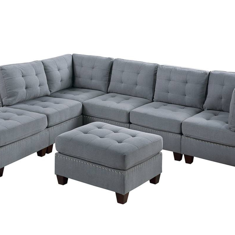 Ensemble de salon modulaire contemporain modulaire 7 pièces Mobilier de salon en L gris capitonné en tissu d'ameublement avec têtes de clous capitonnés 2X coin 3X fauteuil sans accoudoirs et 2X repose-pieds
