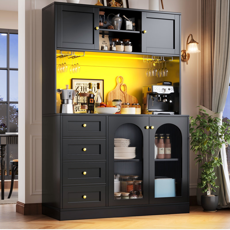 Kitchen Cabinet With Led, 4 Doors And 3 Drawers, Matte Black