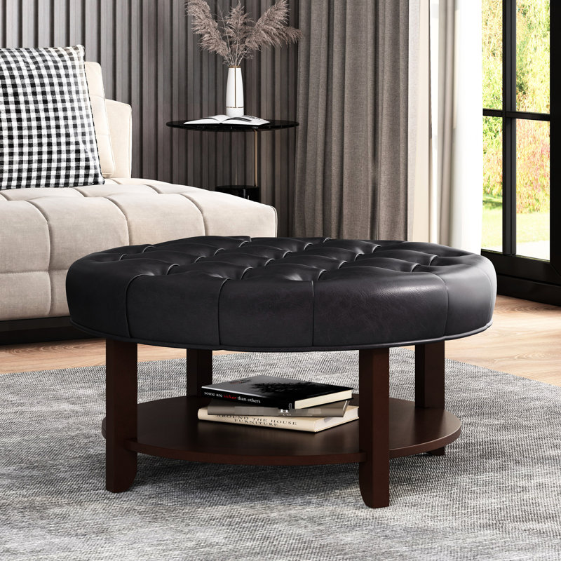 Élégante tablette ronde en similicuir avec capitonnage à boutons et tablette ouverte pour une utilisation polyvalente, 32,72 po x 17,39 po, tablette élégante en cuir noir, 17,39 po