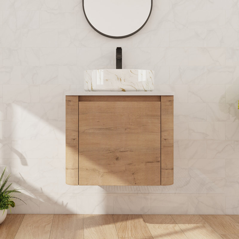 24'' Single Floating Bathroom Vanity With Ceramic Art Sink, Wall Mounted Bathroom Vanity With 1 Soft Close Door, White / Gold