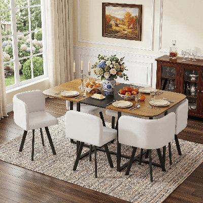 60" Wood Dining Table Set With 6 PU Leather Chairs