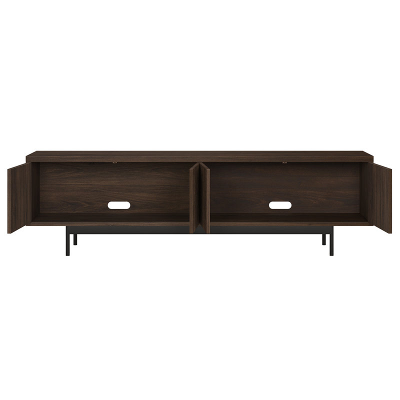 Meuble télé 75 po pour téléviseur de 85 po ou moins avec portes cannelées, rangement et gestion des câbles - Console média de salon Mid-Century moderne en aulne brun | Whitman
