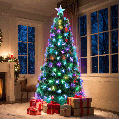 Arbre de Noël pré-éclairé, arbre de Noël artificiel en fibre optique avec lumières multicolores, étoile supérieure, base en métal pliable et 380 branches pour la décoration intérieure des Fêtes (9 pi)
