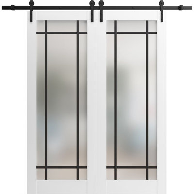 Sturdy Double Barn Door With Frosted Glass | Planum 2112 Matte Black | 13FT Rail Hangers Heavy Set | Modern Solid Panel Interior Doors -64" X 96" (2* 32X96)-Black Rail