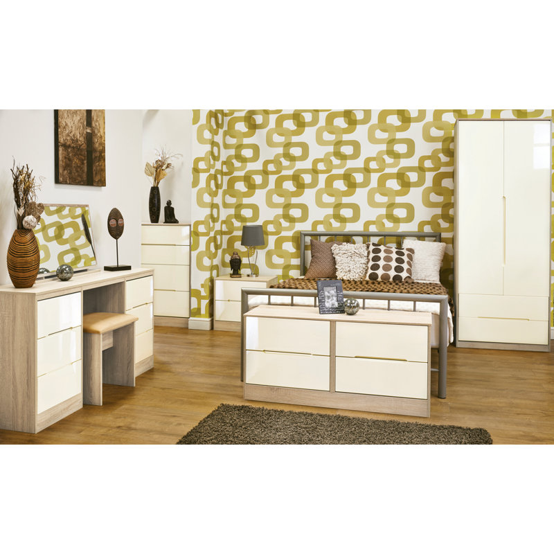 Fully Assembled Vernon 3 Drawer Bedside Table, Cream Gloss/Black