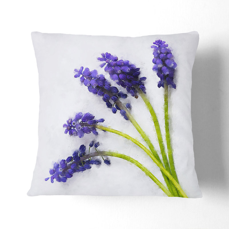Grape Hyacinth Flower Painting Cushion with Filling, 55cm H x 55cm W x 20cm D, Black