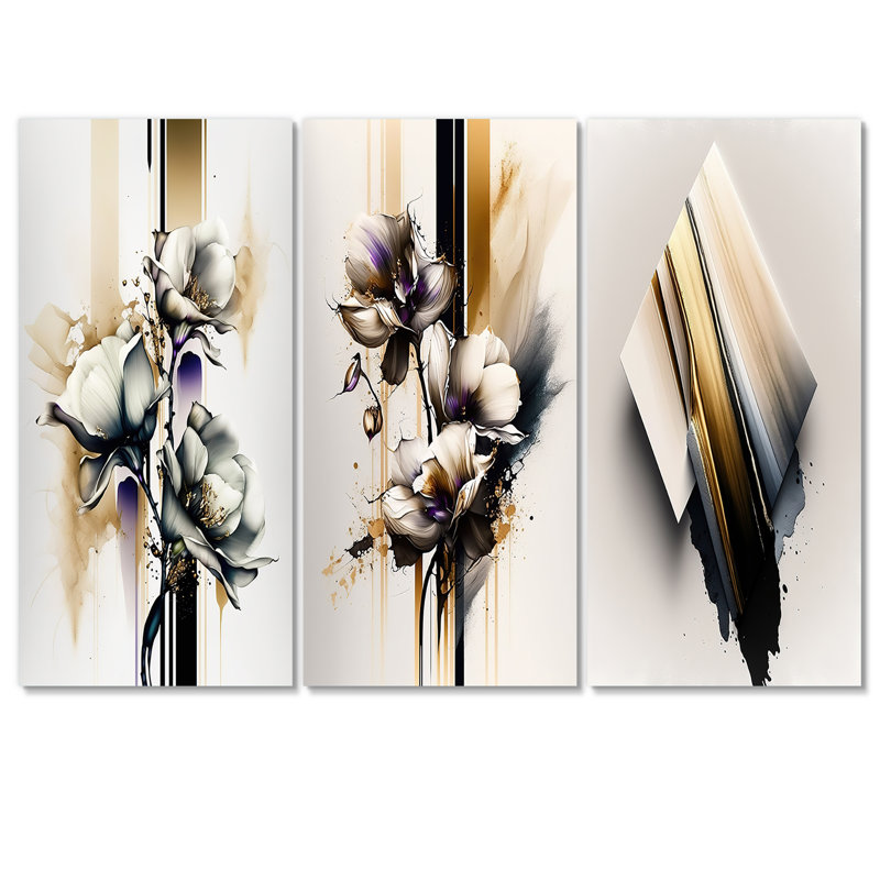 Fleur d'orchidée blanche sur une peinture beige doré I 3 pièces, H 32 po x l 48 po x P 1 po