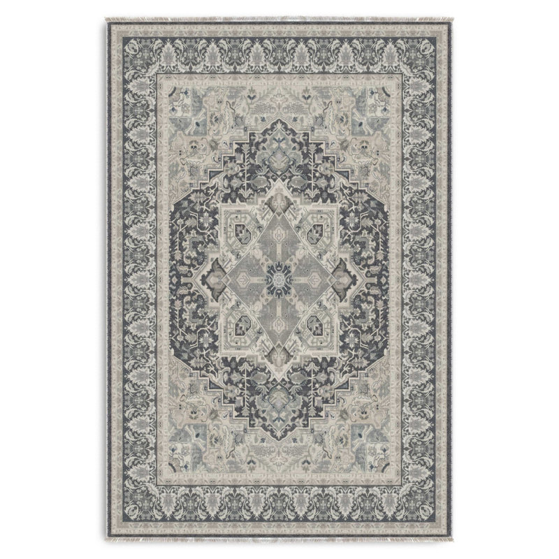 Tapis couloir antidérapant en chenille crème gris fumée, Rectangle 6'7" x 4'