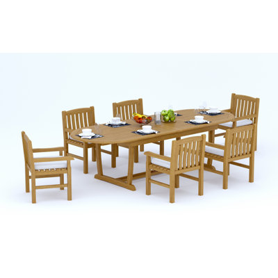 7 Pcs Grade-A Teak Wood Dining Set: 118" Double Extension Mas Oval Trestle Leg Table And 6 Devon Arm Chairs #11DV2706