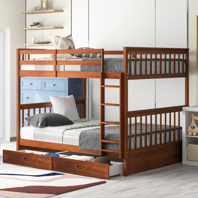 Full Size Bunk Bed In Walnut With Storage & Rails - Long-Lasting Comfort Drawers Enhances Bedroom Appearance
