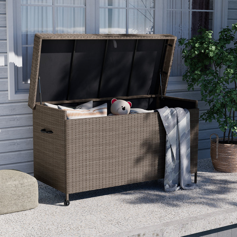 Grand Patio 170 Gallons Wicker Deck Box with Wheels, Light Brown
