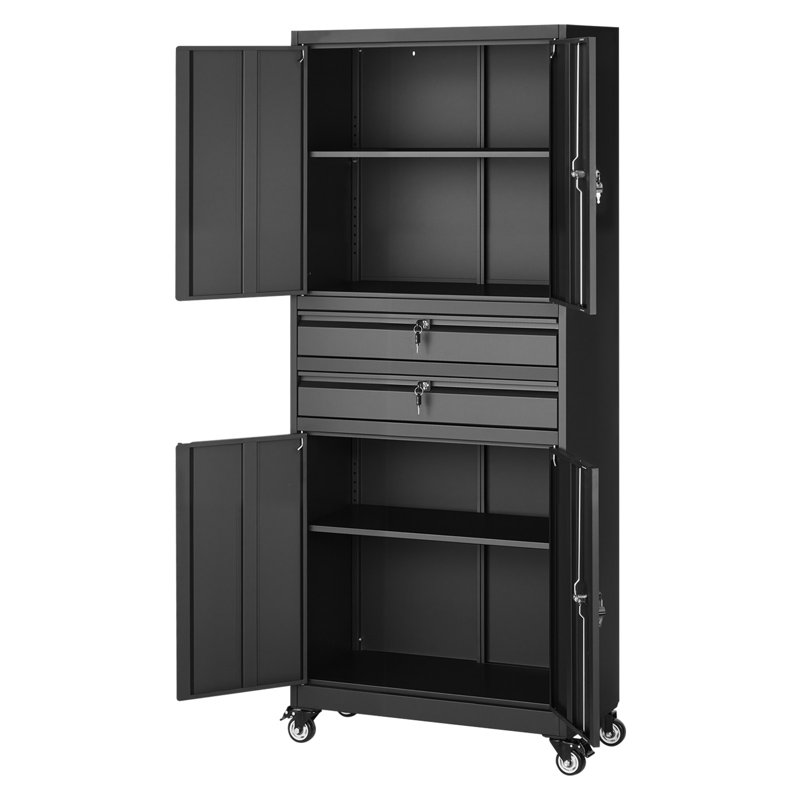 Metal Storage Cabinet with Wheels, 180 lbs Shelf Load Capacity, 75" Tall Rolling Garage Tool Storage Cabinet with 4 Locking Doors and Adjustable Shelves, 2 Drawers, for Garage, Office, Home