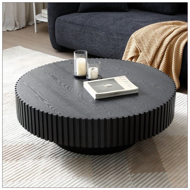 39.37" Round MDF Coffee Table - Handcraft Drum Design - Black - For Living Room, 13.42" H x 39.37" L x 39.37" W, Matte Black
