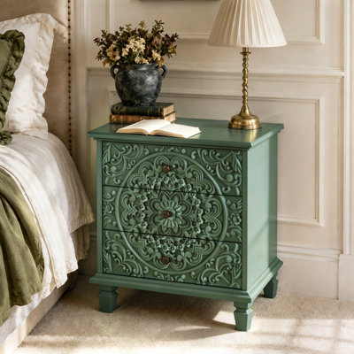 Vintage Wood 3 - Drawer Nightstand, Carved Embossed Accent Chest for Bedroom Living Room