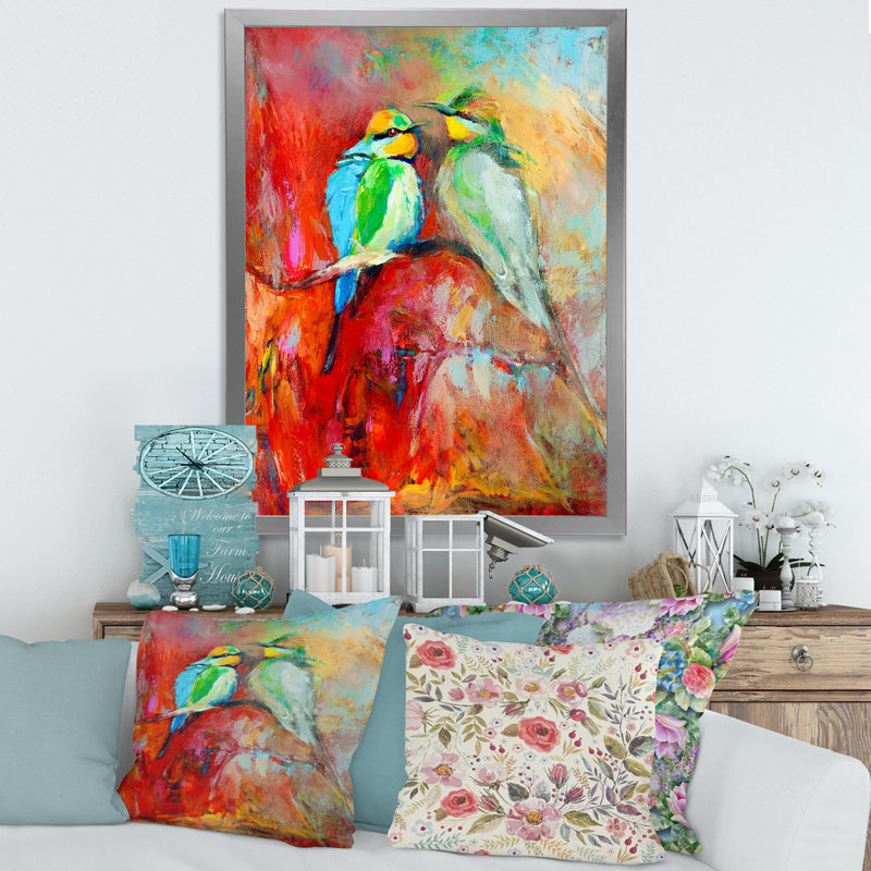 «Blue Tailed Bee Eaters on a Branch», peinture sur toile, H 40 po x l 30 po x 1,5 po, Cadre photo argenté
