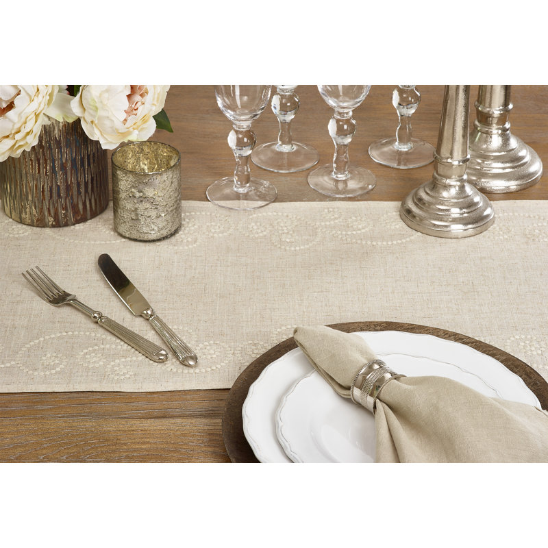Natural Linen Blend Embroidered Swirl Table Runner 16"x108"