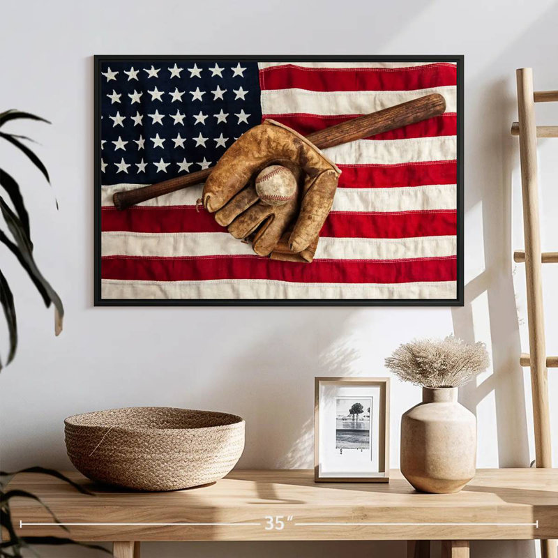 Drapeau américain de l'équipement de baseball, 25 po x 17 po, Cadre flottant noir