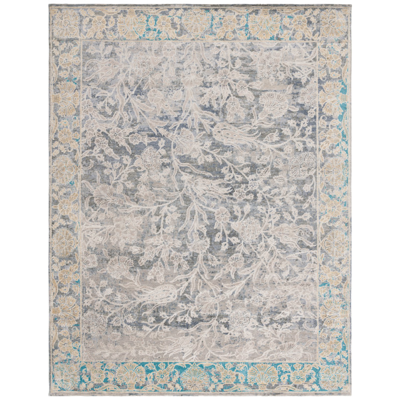 Tapis floral gris / bleu en laine / coton noué à la main Centennial, Rectangle 8 pi x 10 pi