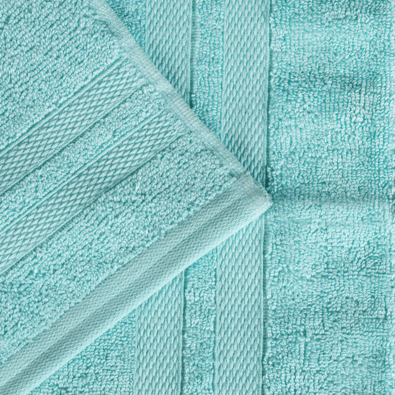 Ultra-Soft Cotton Solid Double Line Dobby Border Quick-Drying 12 Piece Assorted Towel Set, Cyan