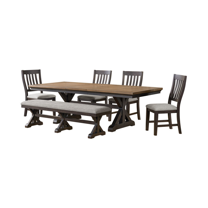 Ensemble de salle à manger Daryana 6 pièces, hauteur standard, couleurs espresso et marron : table, quatre chaises et banc.