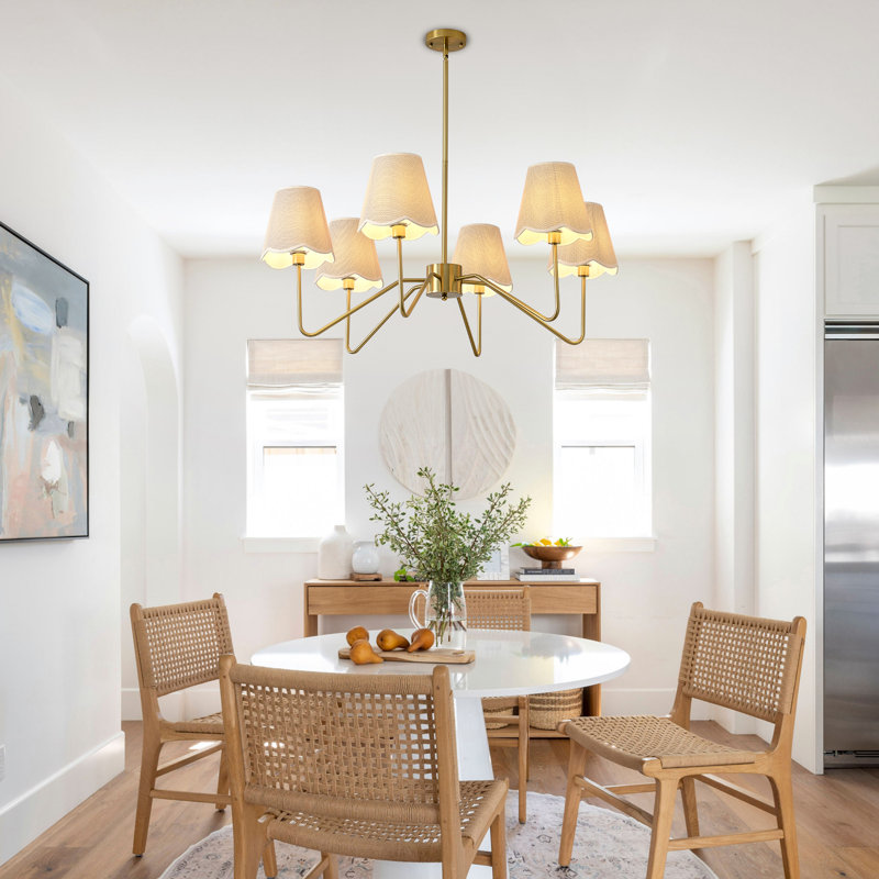 6-Light Boho Farmhouse Chandelier With Woven Fabric Shades, 39" Rustic Coastal Pendant Light Brass Chandelier For Dining Room Kitchen Island Living Room Entryway