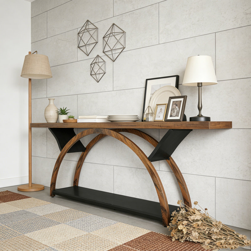 2-Tier Console Table Entryway Table with Half Moon Frame, Rustic Brown & Black