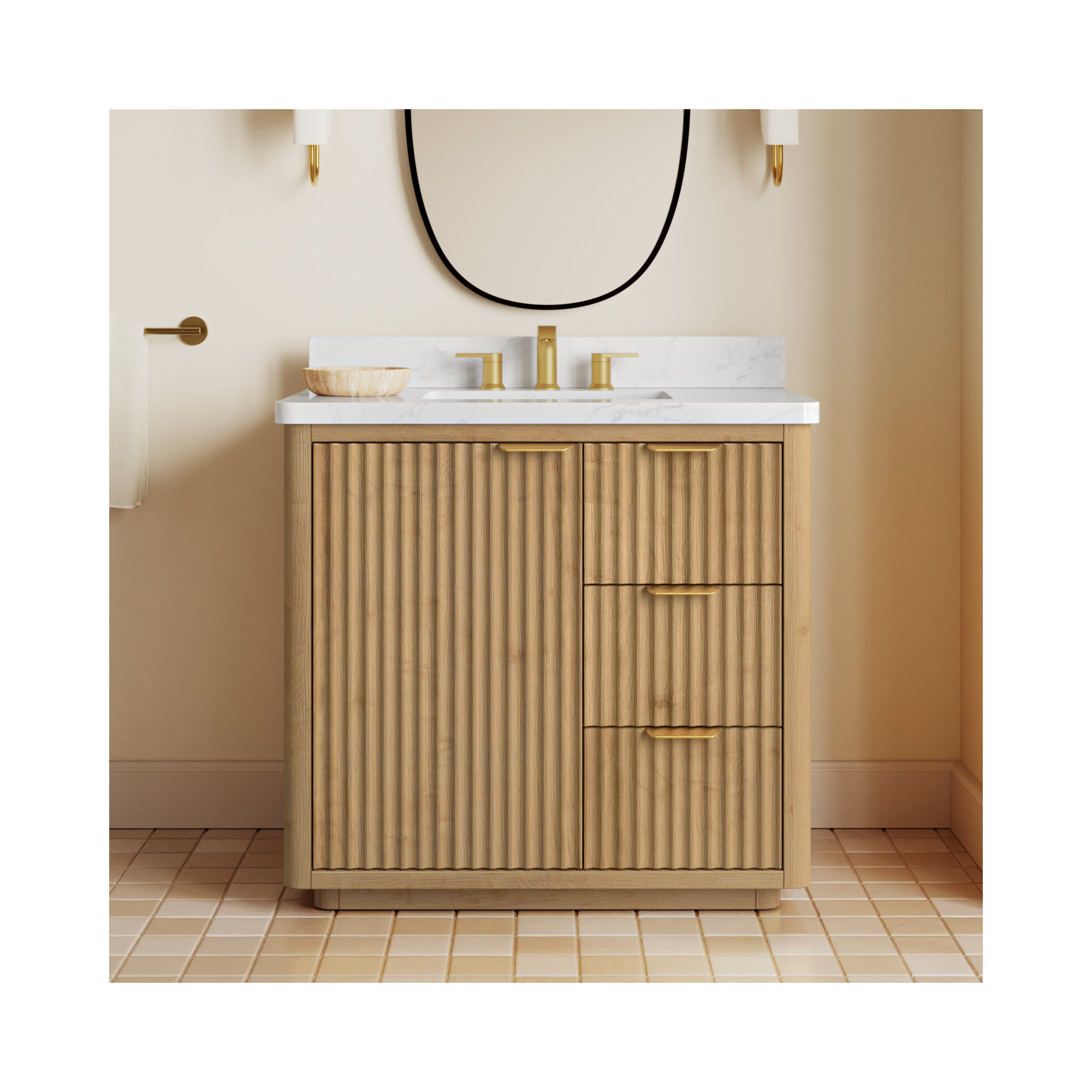 Adela 36'' Single Bathroom Vanity, White, Brown, Gold