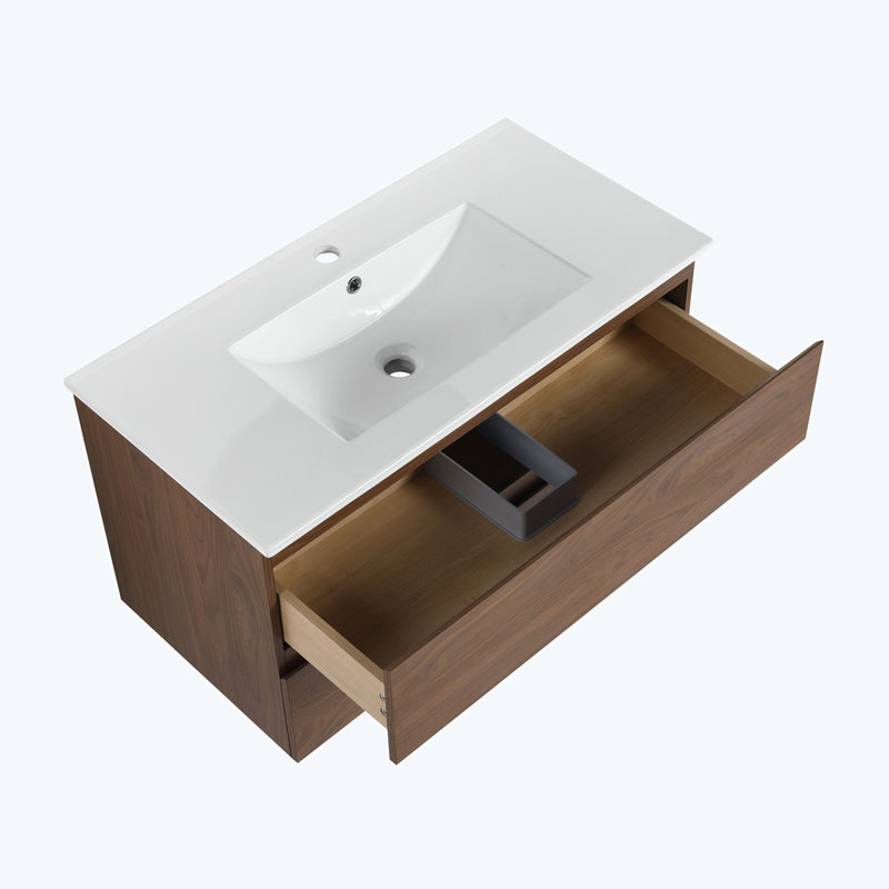 Meuble-lavabo mural 36 po avec lavabo en céramique 36 po, 2 tiroirs à fermeture en douceur, ensemble KD