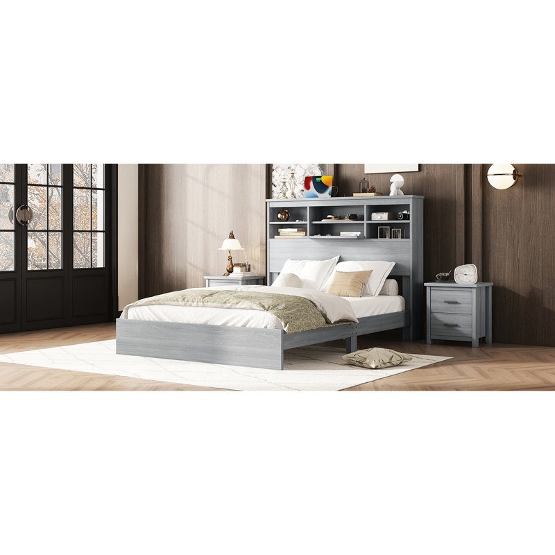 Grand lit plateforme avec rangement fonctionnel et tête de lit pour tête de lit fonctionnelle, Gris clair