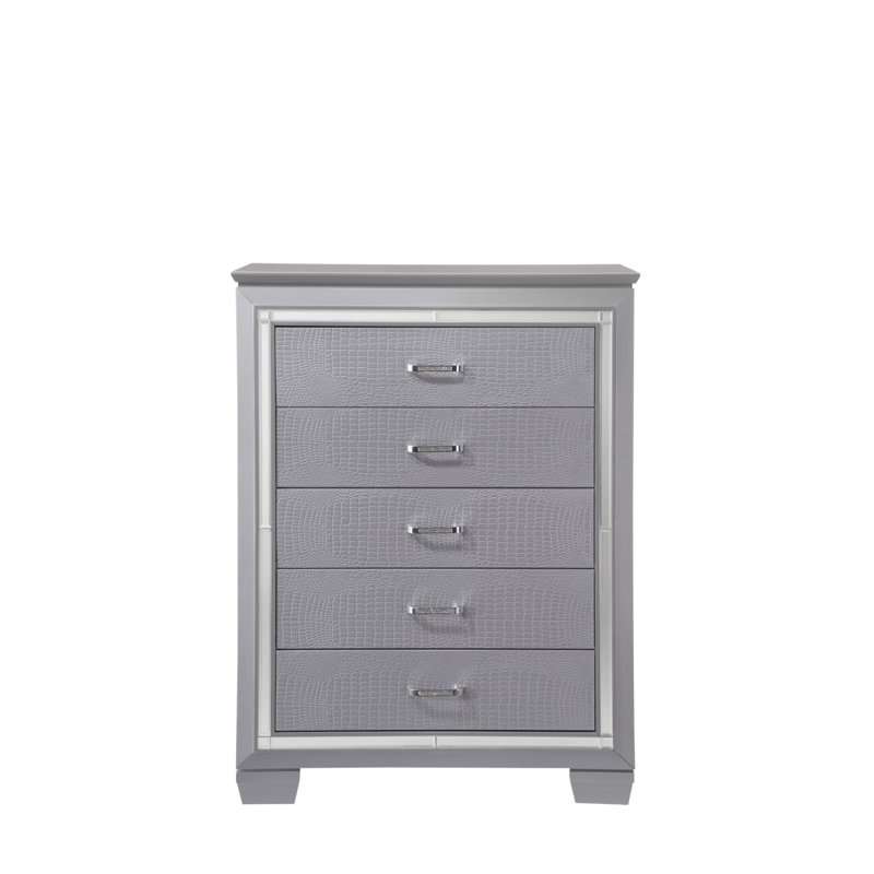 1 miroir de commode haut moderne à cinq tiroirs avec quincaillerie de finition chromée et finition argentée