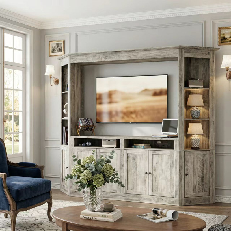 Large Storage Media Console With Open Shelves & Cabinets
