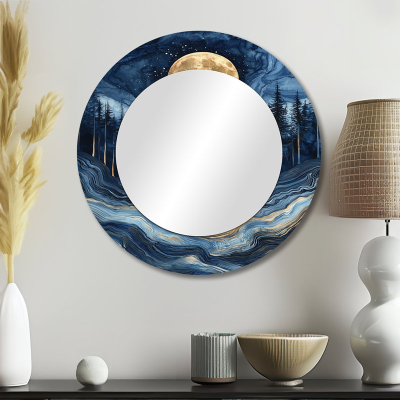 Lune au-dessus de la forêt de pierre Safire - Art mural miroir astronomique - imprimé sur métal, 23 po x 23 po