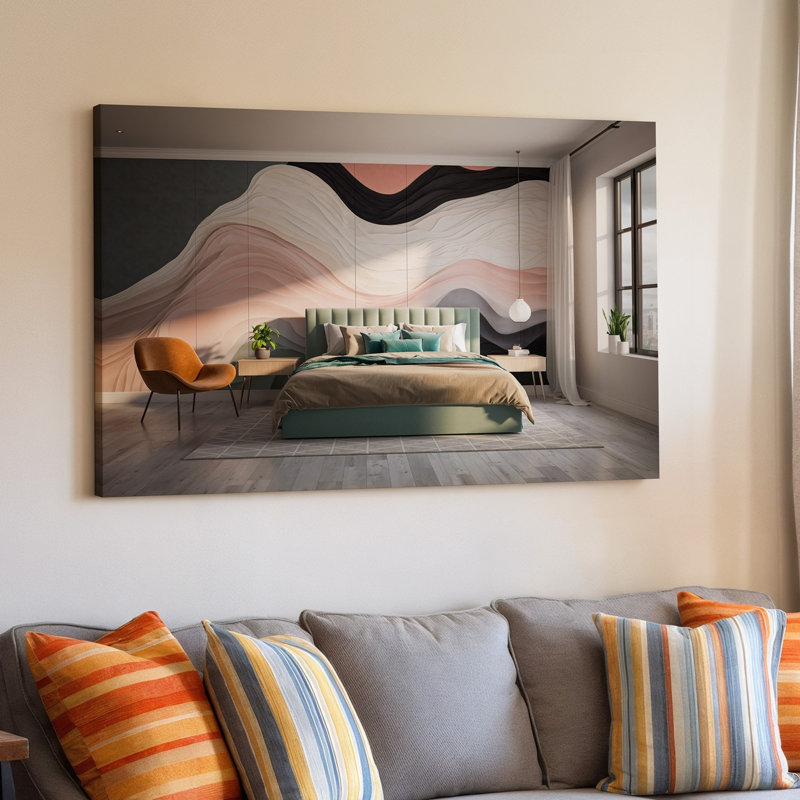 Toile, une chambre à coucher moderne avec un plancher en bois clair et une grande fenêtre d'art mural qui laisse entrer une douce lumière naturelle créant un art mural sur toile