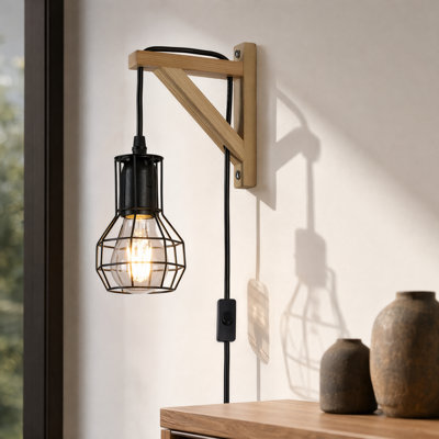 Kasimira Solid Wood Plug-in Armed Wall Sconce for Bedside Reading, Compact Small-Space Accent Wall Light with Adjustable Arm for Bedroom, Hallway, Entryway