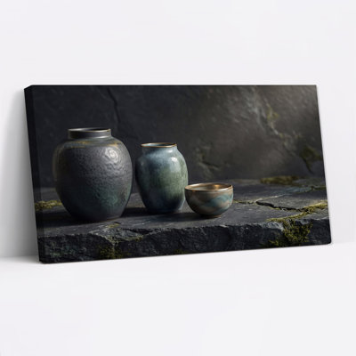 Textured Blue Ceramic Jars on Slate Stone Canvas Wall Art