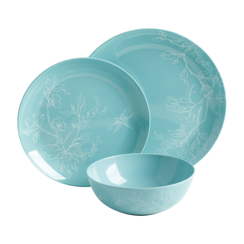 Teal Floral Melamine Round Dinnerware Set, Service for 4