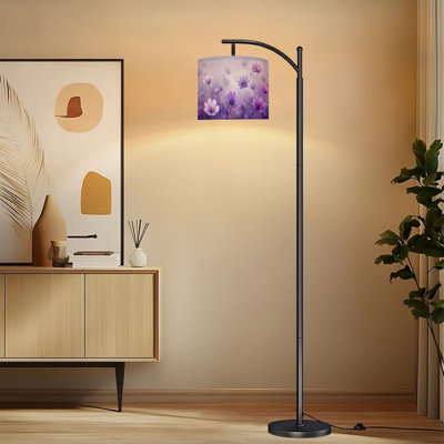 Lampe sur pied à arc avec abat-jour réglable fleurs mauves Lampe sur pied abstraite douce et rêveuse 3 températures de couleur à haut gradateur avec interrupteur au pied pour la chambre à coucher