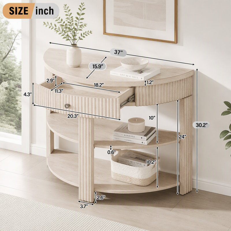 Console cannelée demi-lune avec tiroir et tablettes, Black