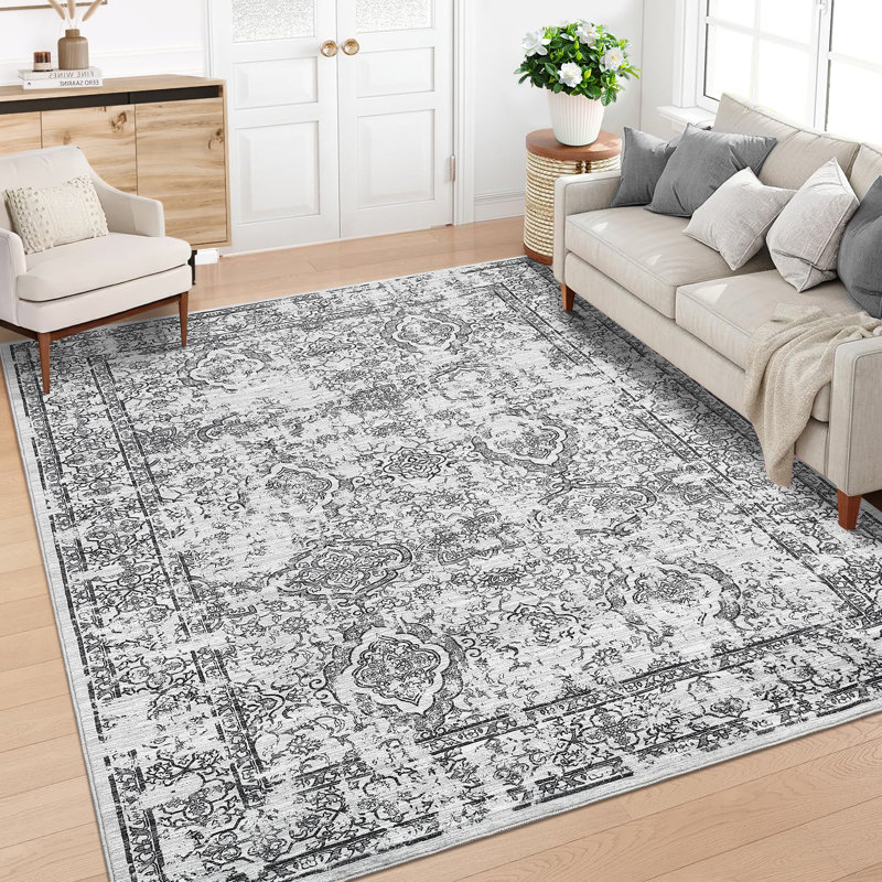 Non Slip Vintage Floral Floor Cover Non-Slip Thin Soft Retro Carpet Foldable Low-Pile Distressed Throw Rug for Dining Room Living Room Home Nursery