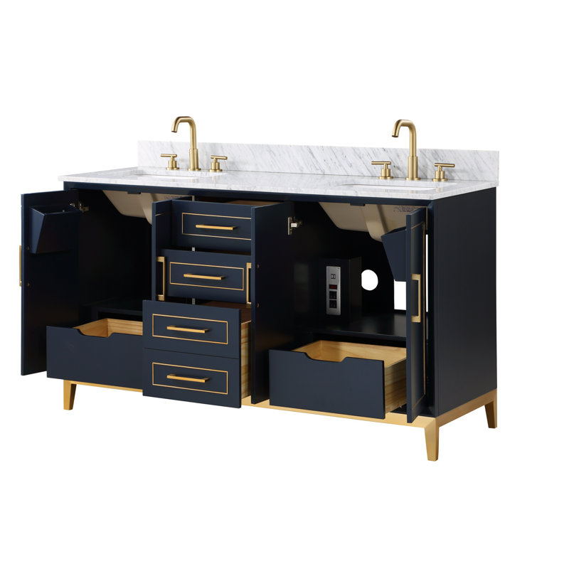 Gracie 60'' W Double Vanity, Carrara Marble, Pacific Blue
