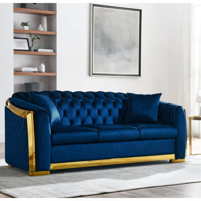 81" Luxury Velvet Chesterfield Sofa Set, Tufted 3 Seat Couch With Gold Stainless For Living Room, Navy Blue Fabric, New Package