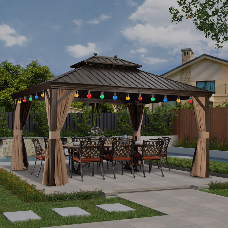 Pavillon de jardin en métal avec guirlandes lumineuses de 48 pi, 12 pi x 14 pi