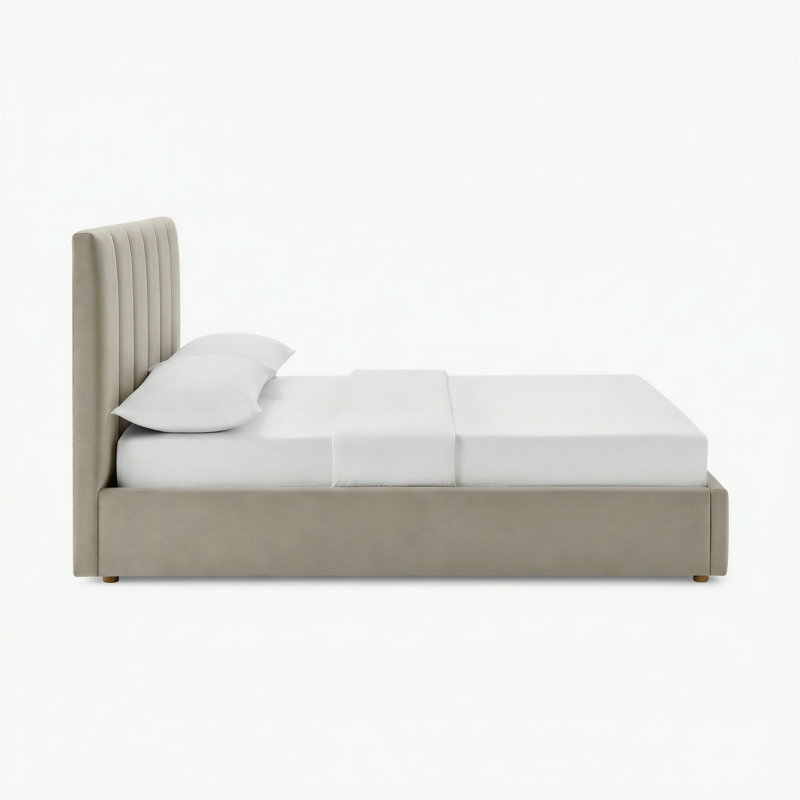 Rudasill Upholstered Ottoman Storage Bed Frame - Vertically Stitched Contemporary Headboard, Double, Taupe Velvet