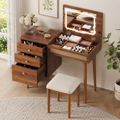 Bureau de coiffeuse 39 "avec miroir à DEL rabattable et 3 tiroirs
