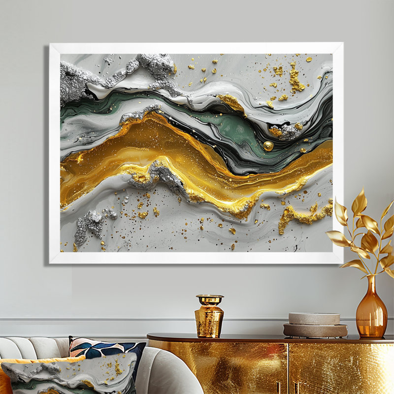«Tranquil Divide Of Abstract», encre liquide, H 24 po x l 32 po, Cadre simple, Blanc