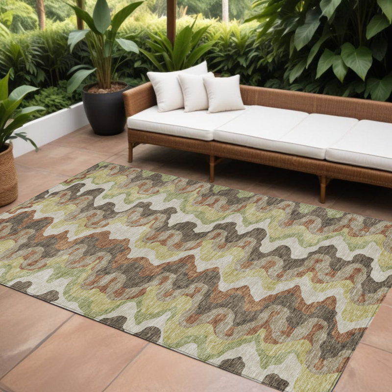 Tapis intérieur lavable abstrait cuivré 9 pi x 12 pi vert chocolat et artichaut